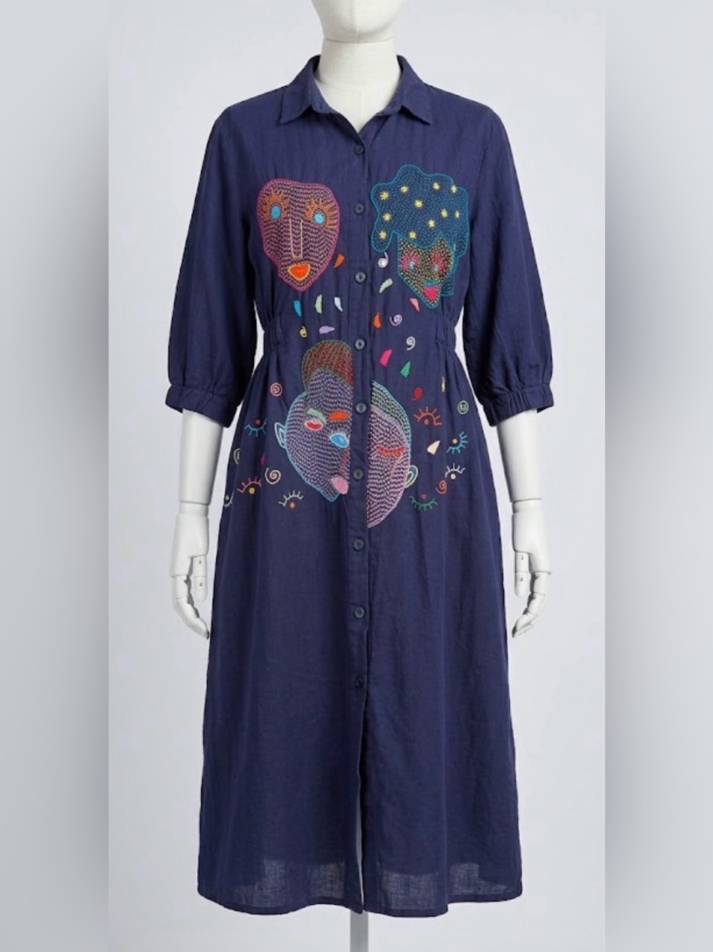 Navy Blue Abstract Embroidered Face Midi Dress | Button Front & Elastic Waist